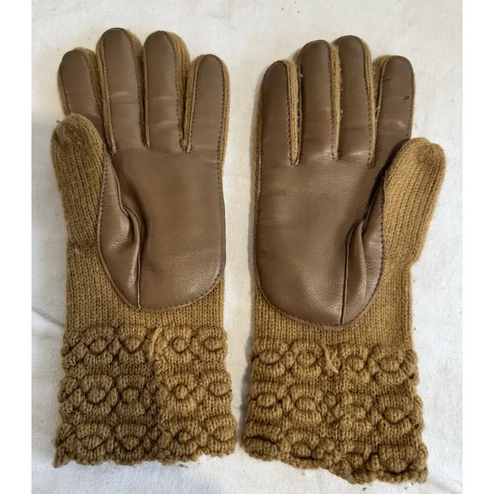 Aris VTG Tan Brown Cable Knit Genuine Leather Palms Gloves Womens One Size